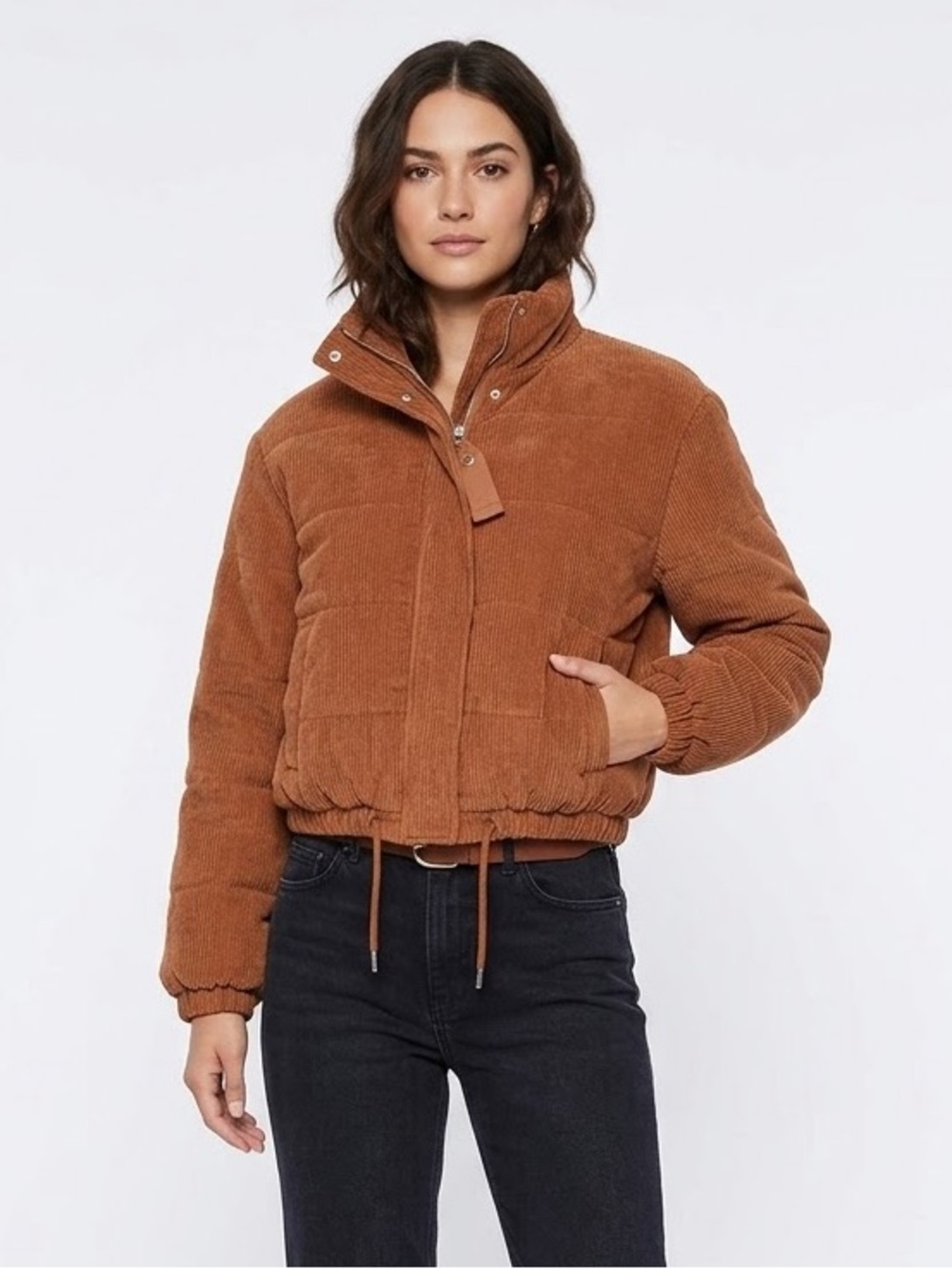Ashley by 26 International Corduroy Cropped Puffer Jacket Brown Rust Large